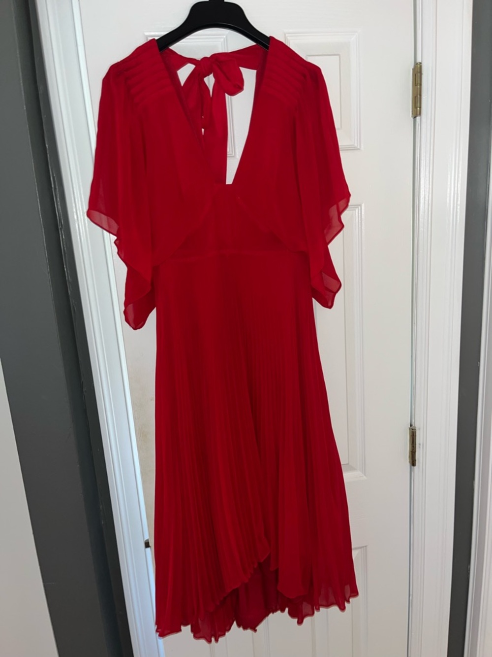 Red Pleated Midi Dress with Tie Back